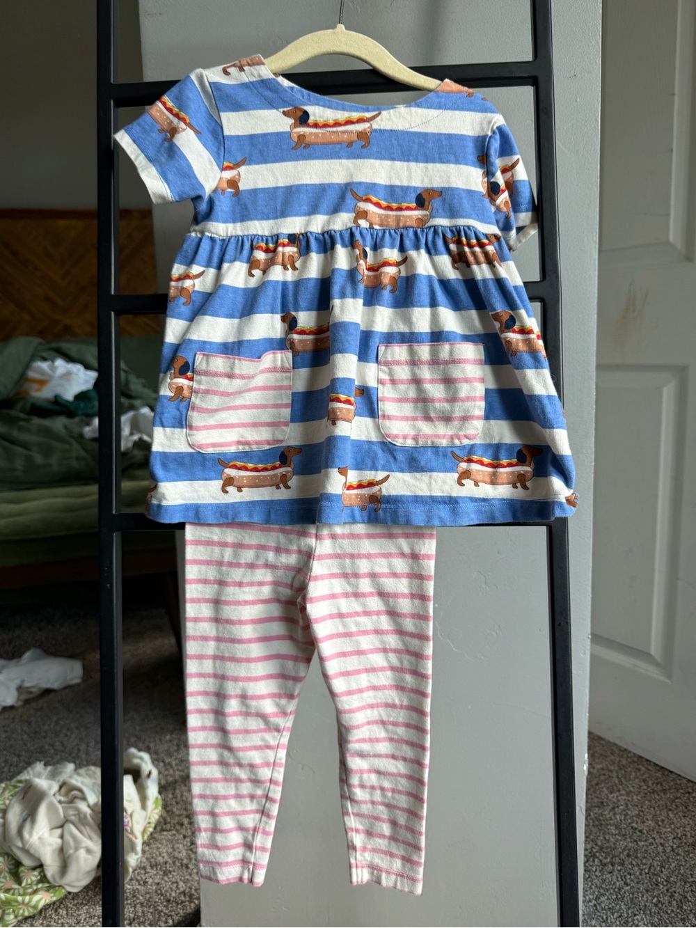 Mini Boden Girls Hot Dog Dachshund Tunic Dress and Striped Pants Set 3T